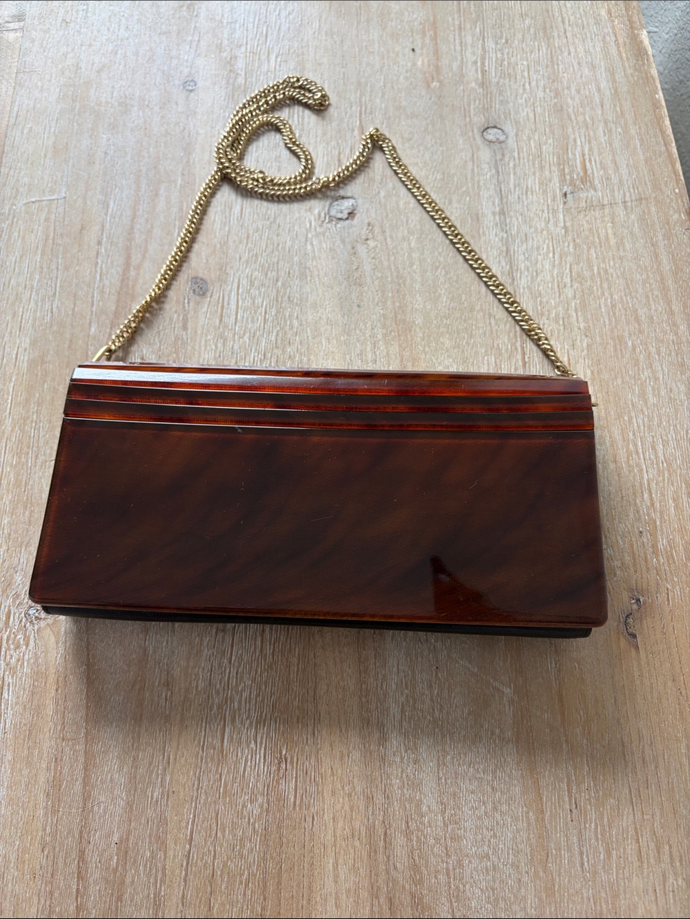 Vintage Italian Art Deco Tortoiseshell Lucite Clutch with Gold Chain